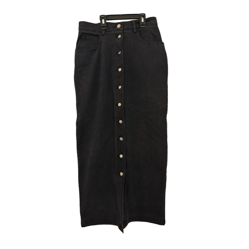 Vintage B.W.B Button Front Denim Midi Skirt Black 7/8 High Waisted Cotton